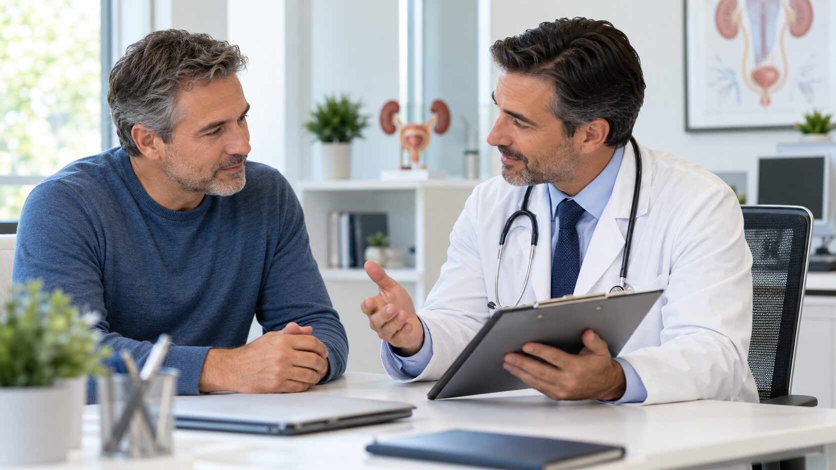Konsultacja urologiczna pacjenta podczas omawiania wyniku PSA