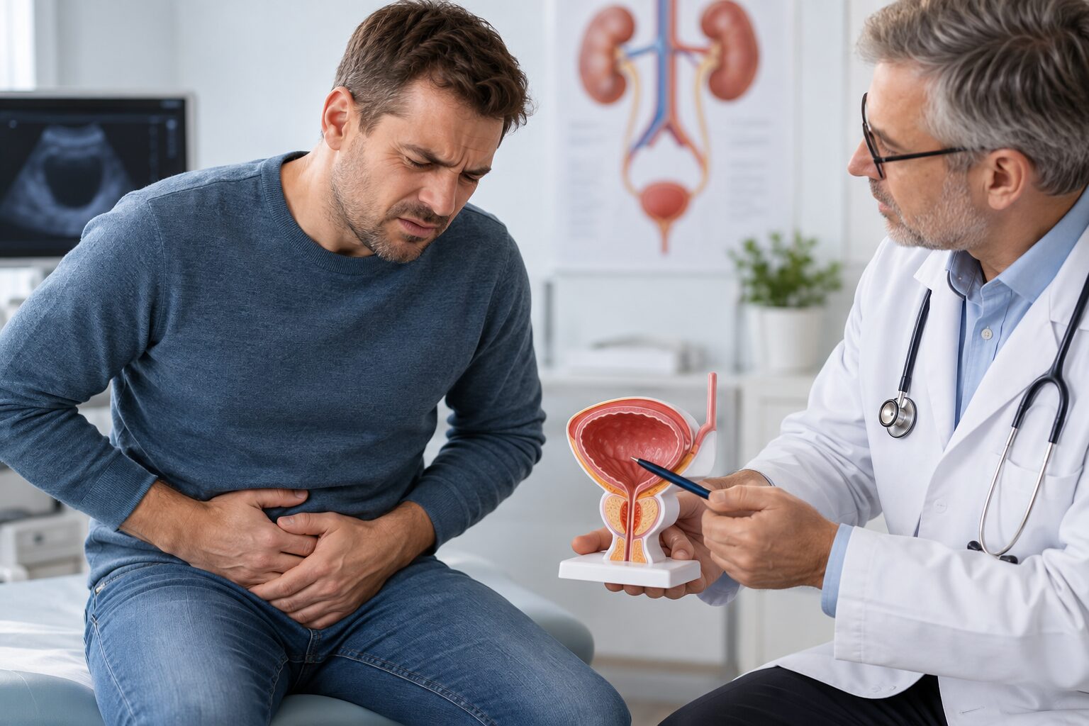 Pacjent z bólem podbrzusza podczas konsultacji urologicznej z powodu zatrzymania moczu