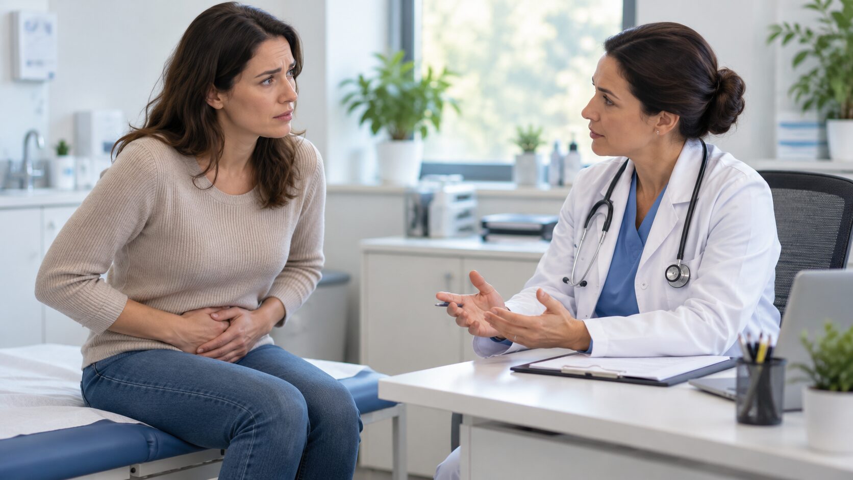 Pacjentka z częstym parciem na mocz podczas konsultacji urologicznej