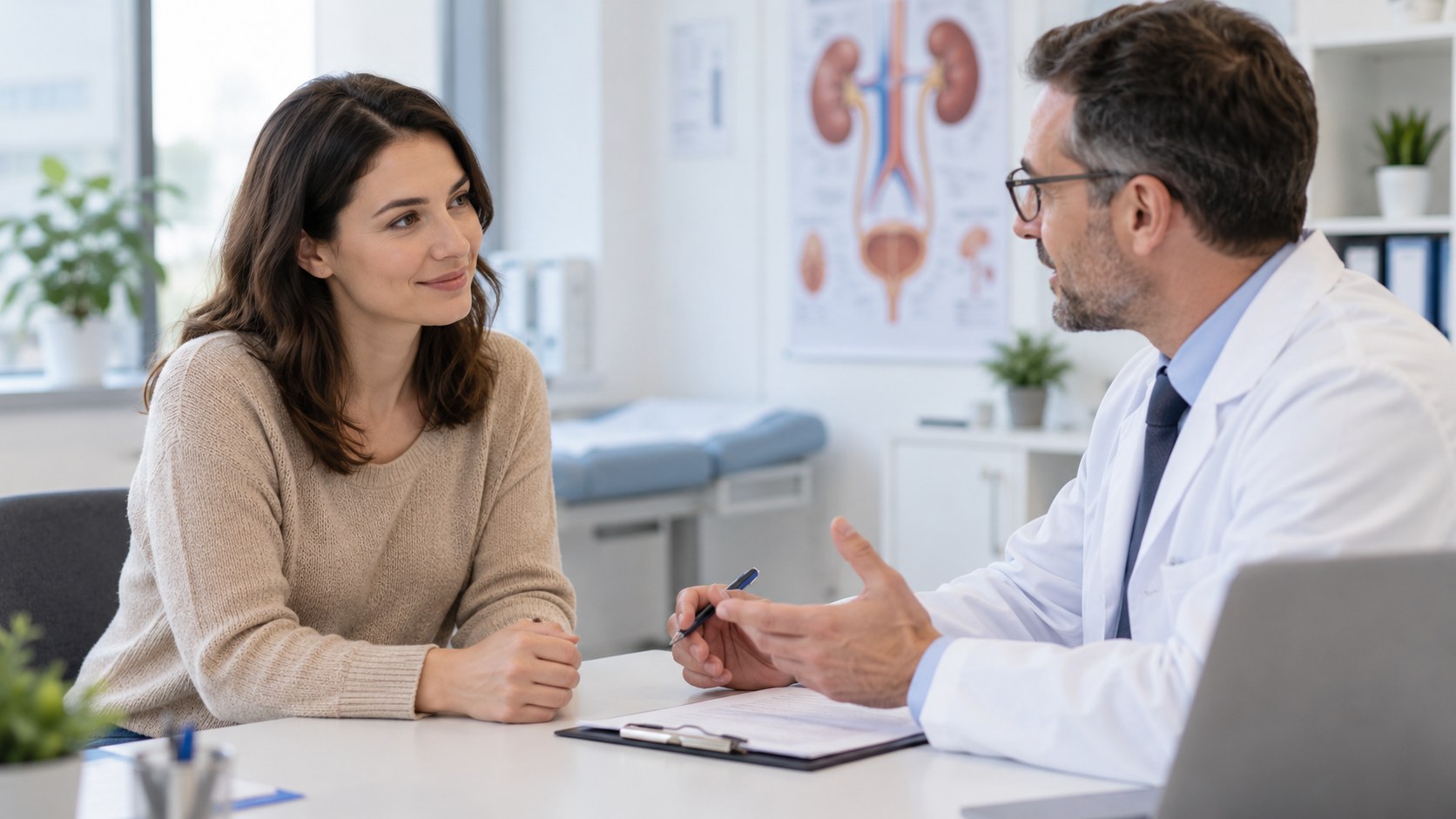 Kobieta podczas konsultacji urologicznej z lekarzem w gabinecie, omawiająca problemy z układem moczowym.