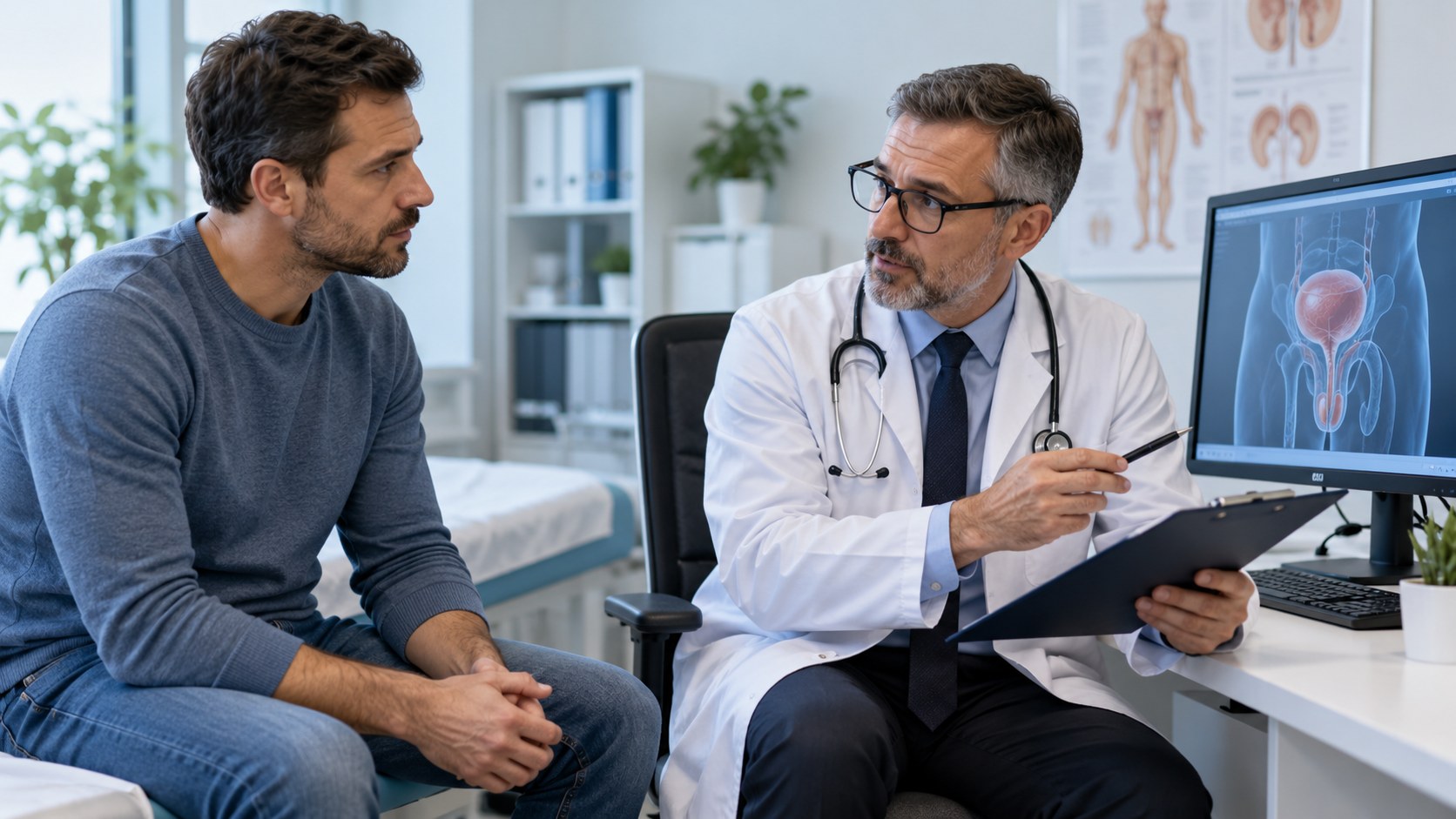 Urolog podczas konsultacji z pacjentem dotyczącej obrzęku moszny, jego przyczyn i diagnostyki urologicznej.